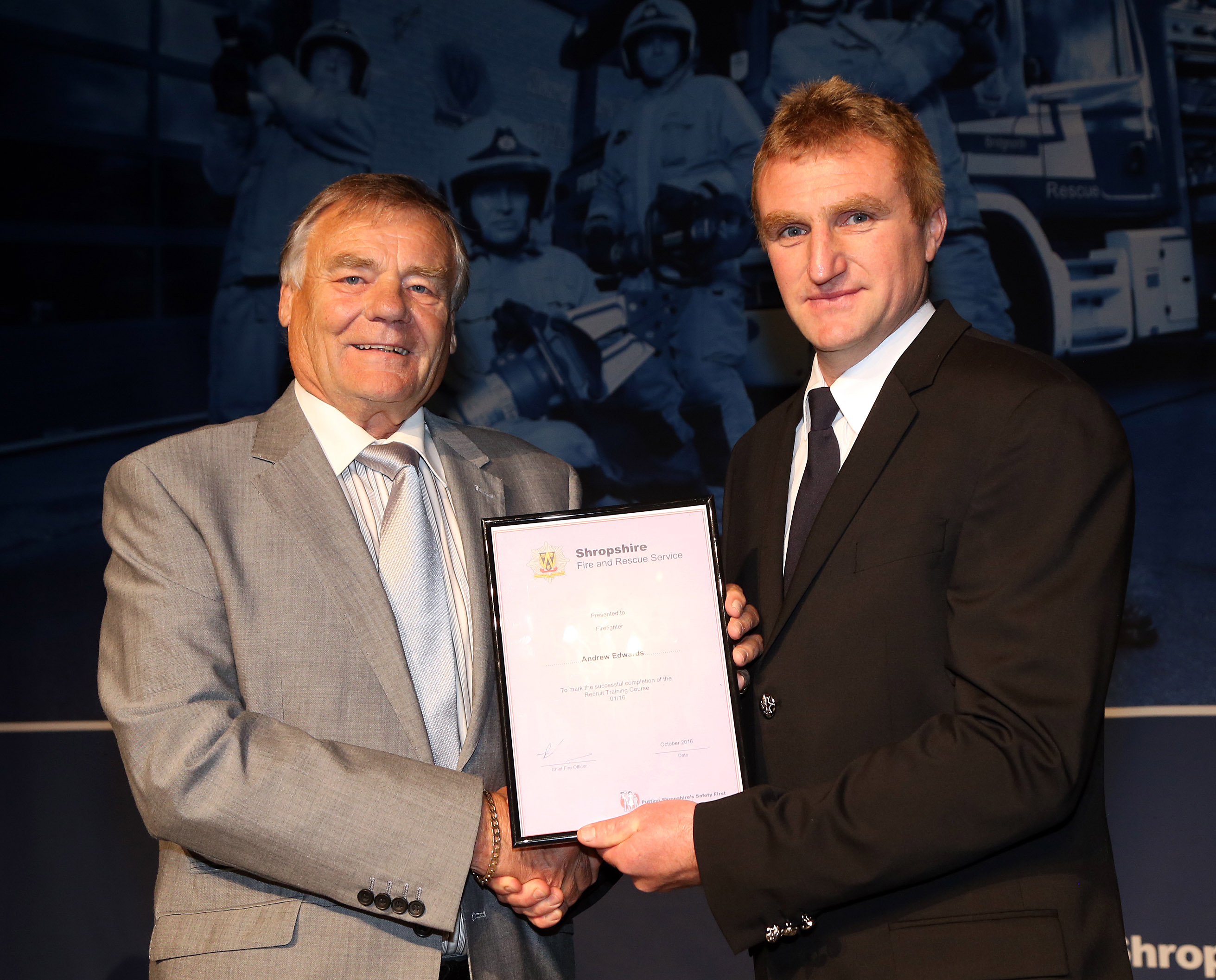 Andrew Edwards, who is following in the firefighter footsteps of both his father and grandfather at Bishops Castle, won the instructors award for his course.