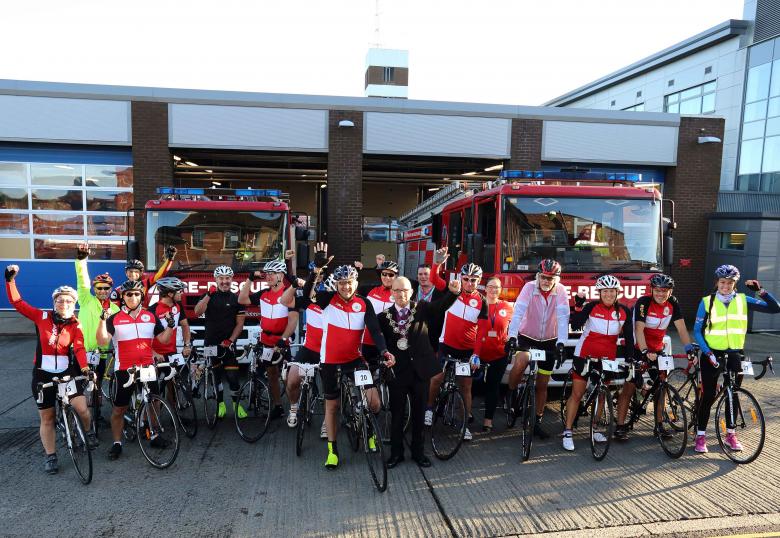 Cyclists from Shropshire Fire and Rescue Service start a 239 mile charity cycle ride