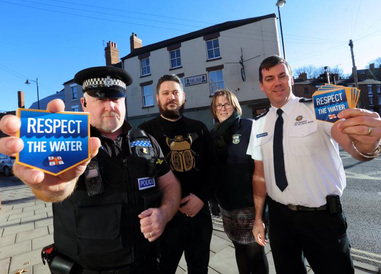 Constable Kev Roberts, The Alb licensee James Hitchin, Helen Ball, of Shrewsbury Town Council and James Bainbridge, Station Officer for Prevention at Shropshire Fire and Rescue Service at the launch of the Don’t Drink and Drown campaign in Shrewsbury.