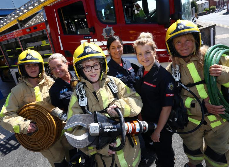 Kelly Eratt, Prees firefighter Lisa Baer, Chloe Upton, Albrighton firefighter Carly Woodman, Wem firefighter Gemma Higgins and Jo Dalietos 