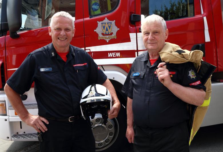 Still serving the Shropshire community after all these years – Phil Smith and Dave Furber are two of the longest serving firefighters in the UK